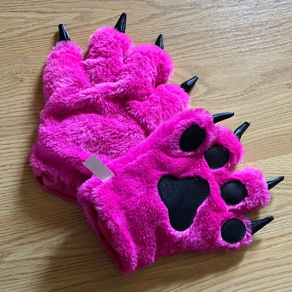 Vibrant Pink Furry Paw Mittens for Kids